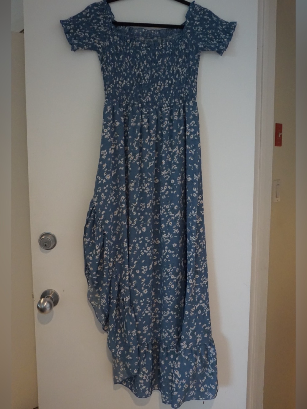 Simple Blue Floral Maxi Dress with Smocked Bodice - Picture 3 of 5